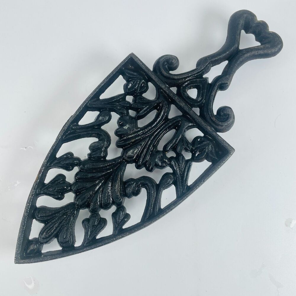 Antique Cast Iron Trivet Spade Shape Black Metal 8" Scroll Vintage Kitchenware